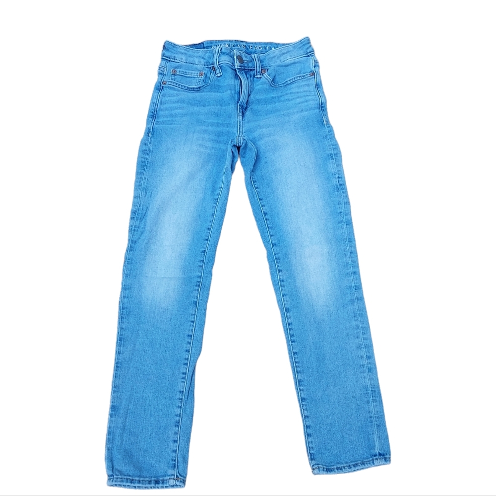 American Eagle Jeans 26x28 Skinny Airflex Light Blue Whiskered Distresse…